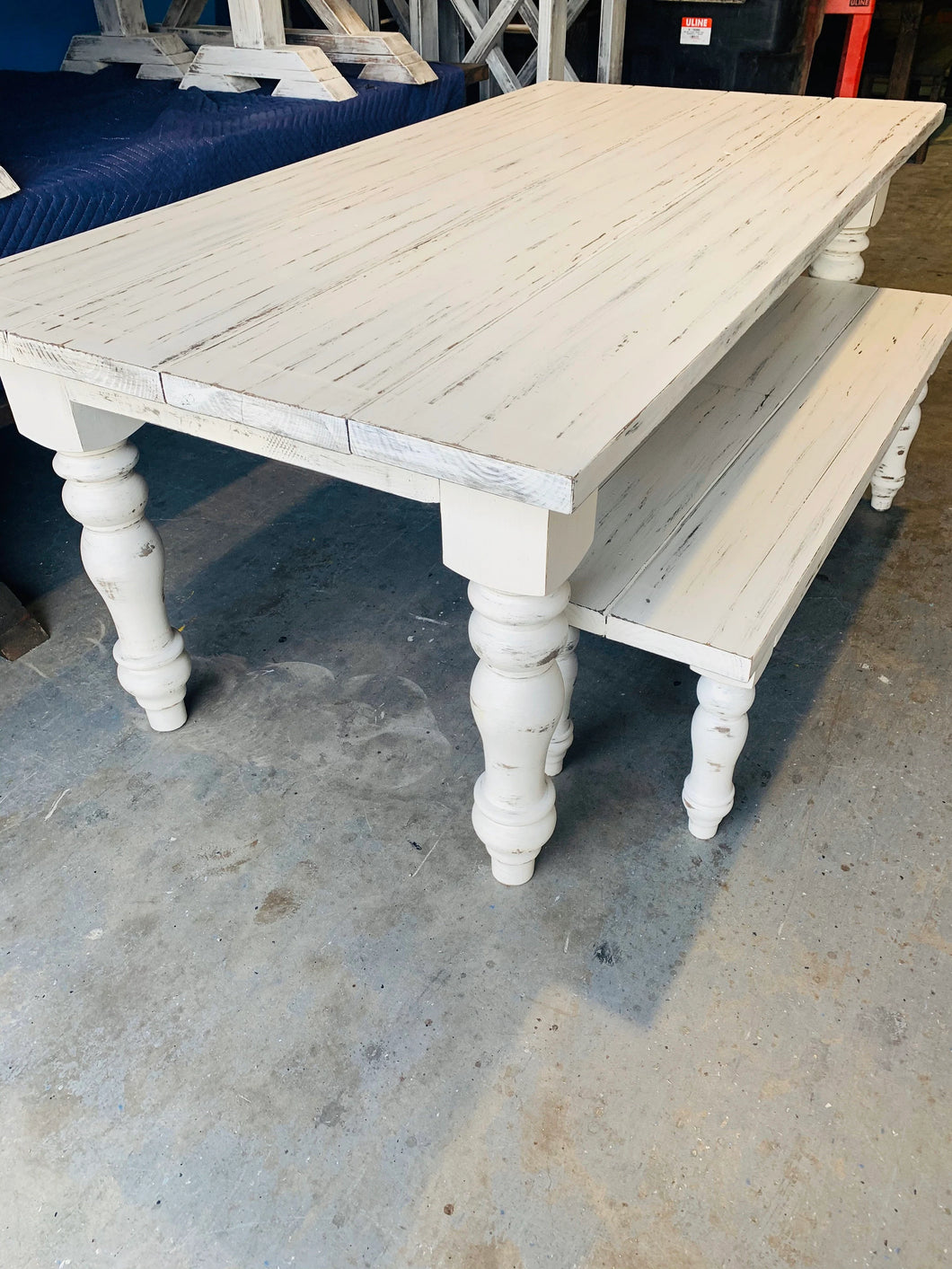 7ft Chunky Turned Leg Farmhouse Table Set with Bench (Slightly Distressed White)